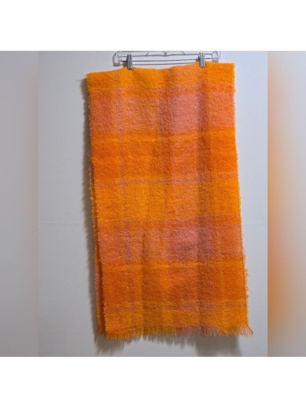 Rectangular Plaid mohair and wool scarf color orange and yellow - Picture 4 of 5